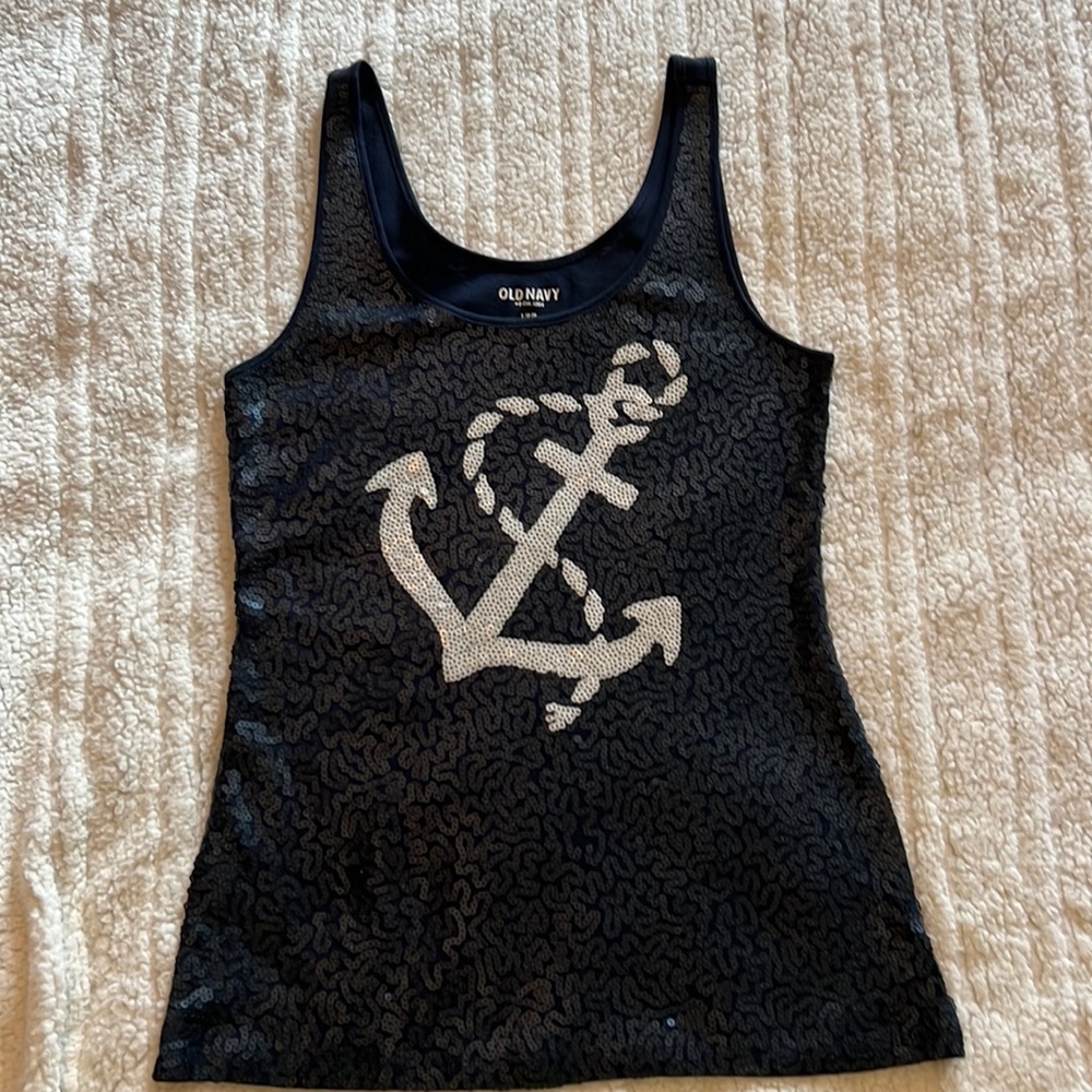 Super Cute - Navy sequin tank top with white anchor; size L
